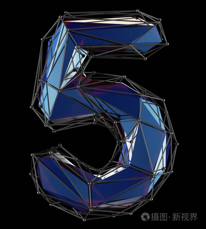 数字5五在低保利样式蓝色被隔绝在黑色背景.三维