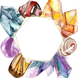 白色背景上的半宝石。水彩背景插图集。框架晶体。岩石首饰矿物