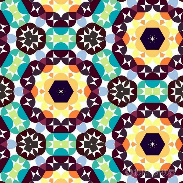 抽象五颜六色的六边形几何无缝图案对称万花筒时尚