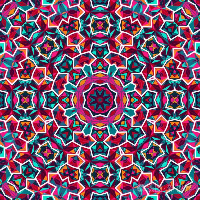 抽象五颜六色的六边形正方形几何无缝图案对称万花筒时尚