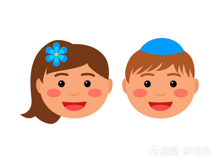 犹太人的孩子们的笑脸.这孩子穿着奇帕在白色背景查出的平向量例证