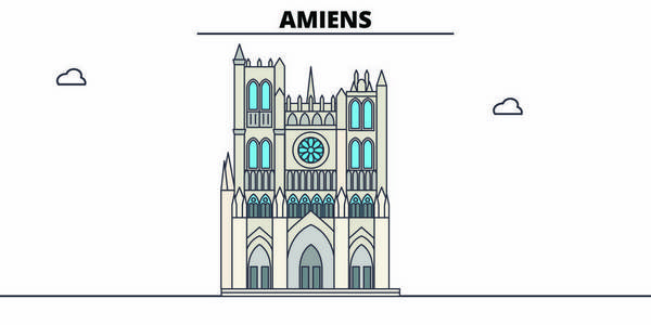 亚眠大教堂线旅游地标, 天际线, 矢量设计。亚眠大教堂线性例证