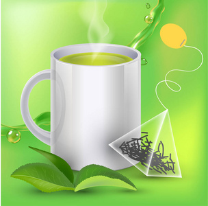 绿茶横幅广告与茶叶, 绿色背景与现实的飞溅茶和茶袋在3d 例证