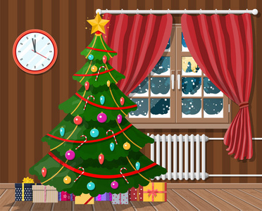 室内与圣诞树和礼物