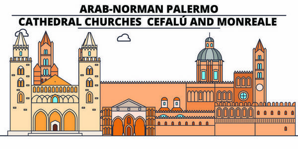 阿拉伯诺曼巴勒莫大教堂教堂塞法鲁和蒙雷莱线旅游地标, 天际线, 矢量设计。阿拉伯诺曼巴勒莫大教堂教堂塞法鲁和 mon