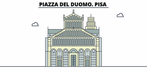 德尔多莫广场。比萨线旅游地标, 天际线, 矢量设计。德尔多莫广场。比萨线性例证