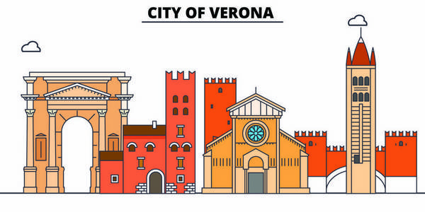 维罗纳市线路旅游地标, 天际线, 矢量设计。维罗纳市线性例证