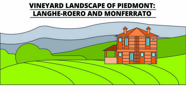 皮埃蒙特葡萄园景观兰格罗埃罗和蒙费拉托线旅游地标, 天际线, 矢量设计。皮埃蒙特的葡萄园景观朗格罗埃罗和蒙费拉托线性例证