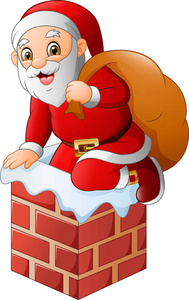 圣诞老人在屋顶烟囱上放着一袋礼物