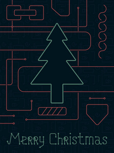 圣诞快乐圣诞贺卡。几何线条，艺术科技风格。线条艺术设计。