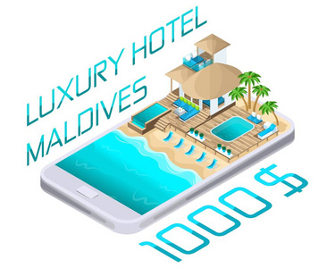 马尔代夫智能手机上度假村的等位广告, 明亮的广告旅游理念, 在线选择和支付豪华酒店