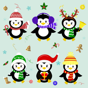 一套六个幸运的圣诞企鹅角色在不同的帽子和配件。庆祝新年和圣诞节。动画片样式, 向量