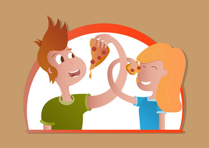 男孩和比萨饼男孩和女孩吃比萨饼, 矢量图像, 卡通人物照片