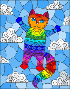 彩色玻璃插图与卡通彩虹猫的背景天空和云