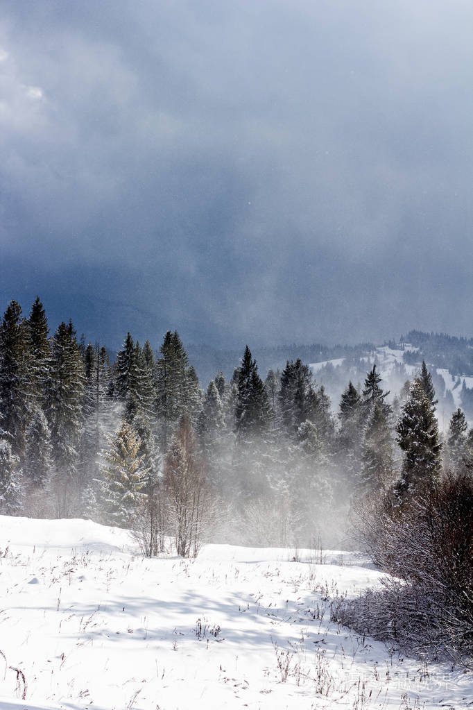 冬天的山景. 雪中的山. 山里的第一场雪.