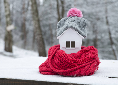 冬季住宅供暖系统的概念和寒冷的雪天，带针织帽的房子模型