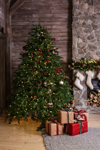 带有漂亮圣诞树和壁炉的时尚客房内部