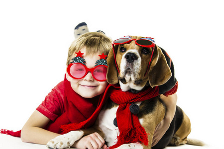 可爱的男孩和滑稽的比格狗戴着节日太阳镜在白色背景圣诞节。