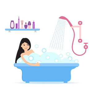 矢量卡通风格的插图妇女洗澡充满肥皂泡沫。 浴室里放松的女孩。 浴室内部。