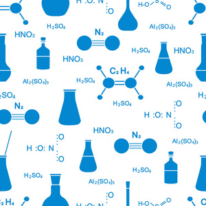 科学矢量无缝图案与烧瓶分子结构和公式。 教育要素。 化学生物医学。