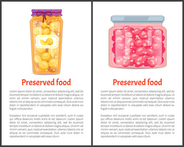 保存浆果在玻璃瓶设置矢量图标。甜桃果酱和樱桃组合，整块和切片浆果罐头，自制容器食品海报