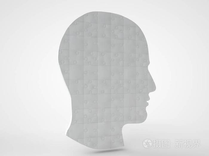 人类头部的轮廓图像内衬着银色拼图。知识价值的理念..3D绘制