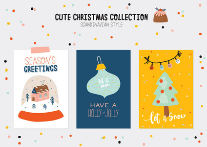 可爱的冬季海报和卡片的圣诞套件。 新年元素和节日排版。 孤立的。 斯堪的纳维亚风格的插图，适合贴纸，标签，卡片，海报。 向量
