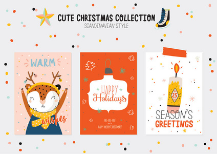 可爱的冬季海报和卡片的圣诞套件。 新年元素和节日排版。 孤立的。 斯堪的纳维亚风格的插图，适合贴纸，标签，卡片，海报。 向量
