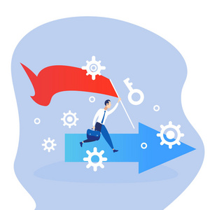 卡通红旗商人跑队长拿着红旗箭目的地商人的民族概念成功的战略方向