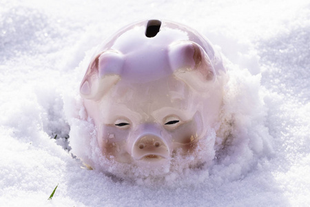 传统粉红色的储蓄罐。 白雪公主上的陶瓷玩具。 猪作为储蓄和家庭预算的钱箱。 冬季时间和财务符号概念