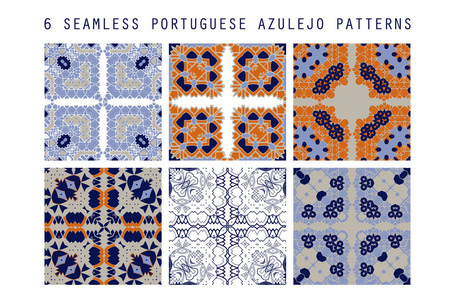 传统华丽的葡萄牙装饰彩色瓷砖Azulejos。 抽象背景。 矢量手绘插图典型葡萄牙瓷砖陶瓷砖。 无缝图案。