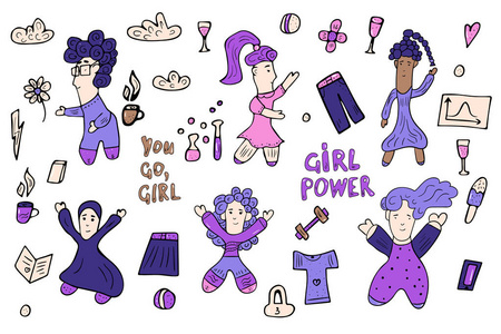 女孩力量的矢量插图。 设置在涂鸦风格与不同的女性角色。