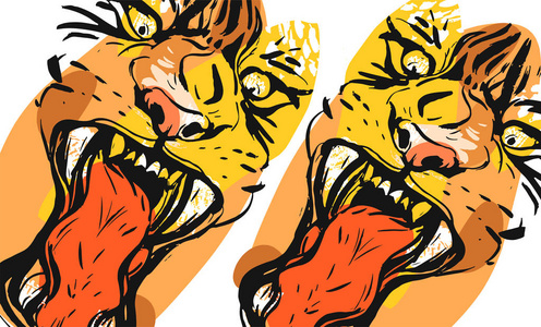 手绘矢量抽象图形手绘素描素描水墨画的老虎面孔在橙色拼贴查出在白色