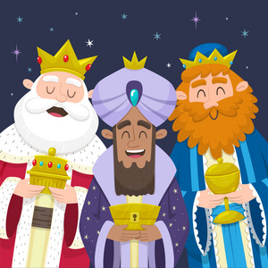三位智者三位国王的滑稽肖像。 梅尔基奥加斯帕德和巴尔萨扎微笑着为耶稣带来礼物。 矢量图。