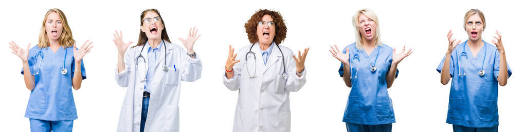 拼贴的一群专业医生女性在白色孤立的背景下疯狂和疯狂地喊叫，用咄咄逼人的表情和手臂抬起。 挫折概念。