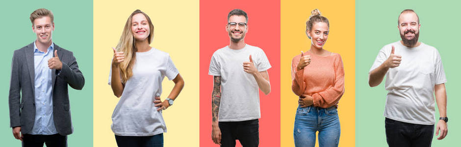 拼贴群体的人，男女在五颜六色的孤立背景上，用手做快乐的竖起大拇指的手势。 赞许的表情看着相机显示成功。