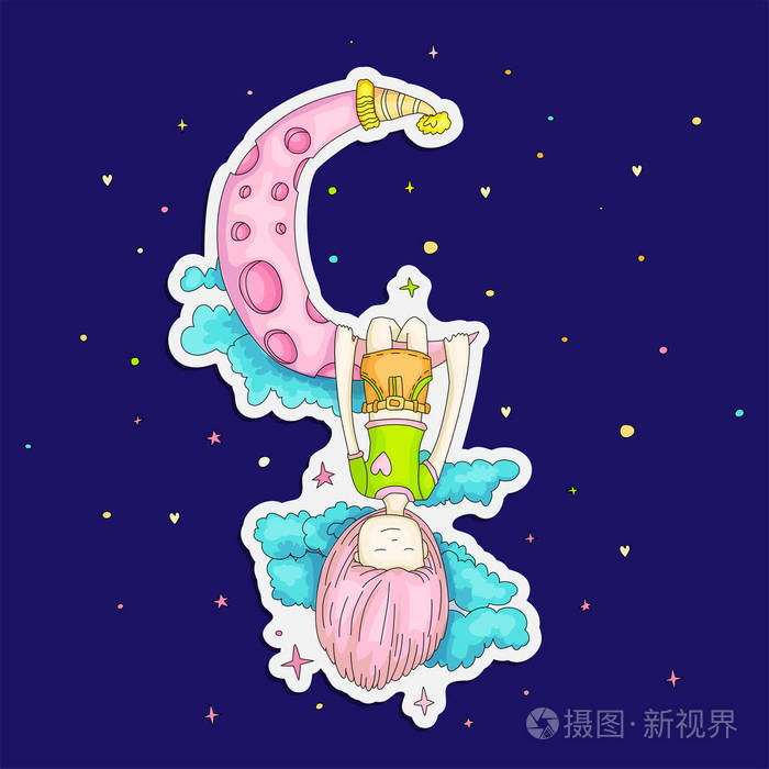 在月球上做梦的小女孩.梦想的小女孩向量动画片手画例证在蓝色