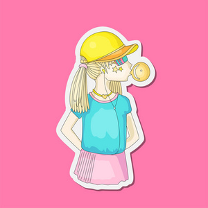 年轻的少女戴棒球帽, 带着耳机吹泡泡糖。小女孩向量动画片手画例证。十几岁的女孩在鲜艳的颜色, 叛逆的女孩插图粉红色。青少年前反叛