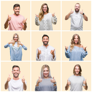 拼贴群体中的男女在五颜六色的黄色隔离背景上成功的标志，用手竖起大拇指，微笑和快乐地做积极的手势。 用欢快的表情看着相机，胜利者的