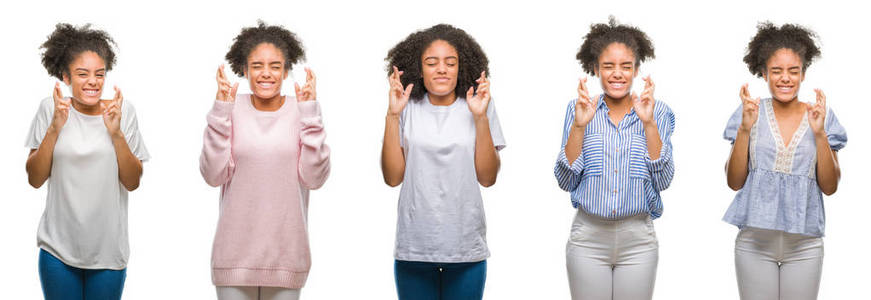 拼贴非裔美国妇女在孤立的背景上微笑着交叉手指与希望和眼睛闭上。 运气和迷信的概念。