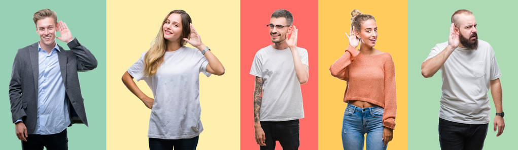 成群结队的人，女人和男人在五颜六色的孤立背景上微笑，用手捂住耳朵听谣言或流言蜚语。 耳聋概念。