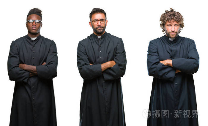 基督教牧师男子拼贴在孤立的背景怀疑和紧张的不赞成的表情在脸上交叉