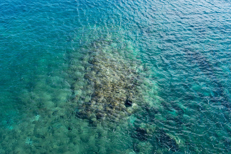 蓝绿色的海水背景，海底的石头是可见的