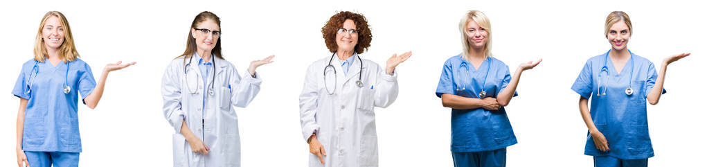 拼贴的一组专业医生女性在白色的孤立背景上微笑，欢快的呈现，用手掌指着相机。