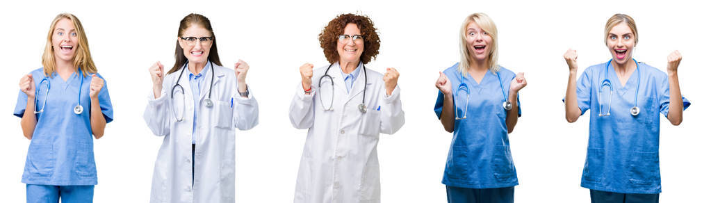 拼贴的一群专业医生妇女在白色的孤立背景上庆祝惊讶和惊讶的成功，举起手臂和睁开眼睛。 赢家概念。