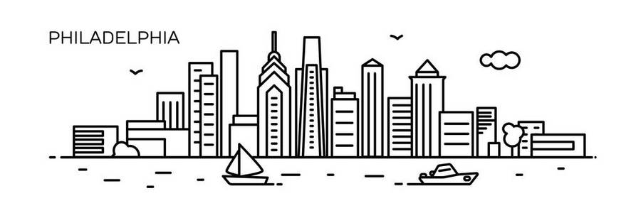 费城全景城。平的线条风格。用于横幅，演示文稿，卡片，网页..矢量图