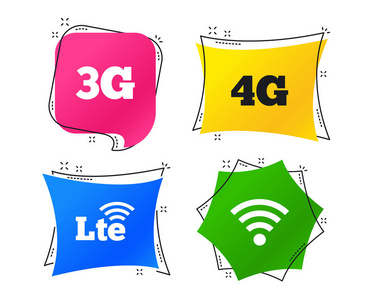 移动通信图标。3G4G和LTE技术符号。无线和长期进化标志。几何色彩丰富的标签。带有平面图标的横幅。时髦的设计。矢量