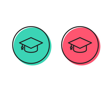 毕业帽线图标。 教育标志。 学生帽子符号。 正负圆按钮的概念。 好的或坏的符号。 毕业帽向量