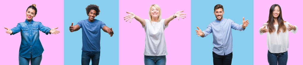 拼贴的一群年轻人在五颜六色的孤立背景上,张开双臂微笑着拥抱镜头.