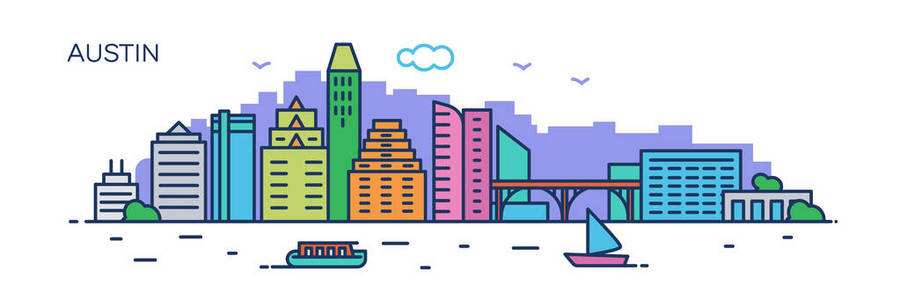 奥斯汀全景城市。 平线风格。 用于横幅演示卡网页。 矢量插图